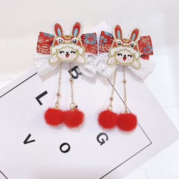 2022新款可爱兔子汉服发夹头饰古风流苏发卡女童宝宝红色对夹新年a款