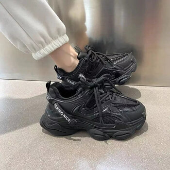 老爹鞋女显脚小2022新款春节网红欧货网红厚底休闲运动鞋黑色单鞋35