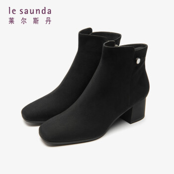莱尔斯丹   秋冬商场同款时尚通勤方头粗跟短靴女靴LS  AT46706 黑色 BKS 38