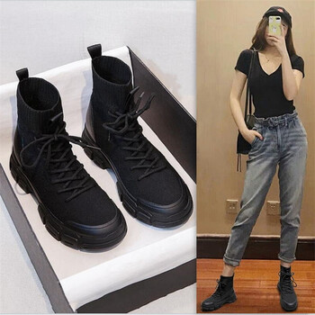 生高中生马丁靴秋季薄款袜子鞋2022年新款瘦瘦短靴 黑色单里【真皮】