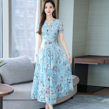 skgoldy遮肚子显瘦连衣裙夏季气质时尚减龄宽松洋气大摆长裙子蓝色