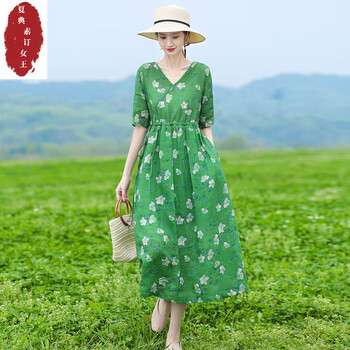 支苎麻连衣裙显瘦女装2022年新款棉麻碎花裙子夏季薄绿花s建议95110斤