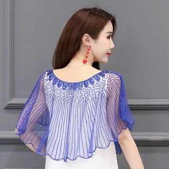 虔生缘chansunrun披风女夏天披肩女夏季网纱短外套时尚亮片钉珠百搭