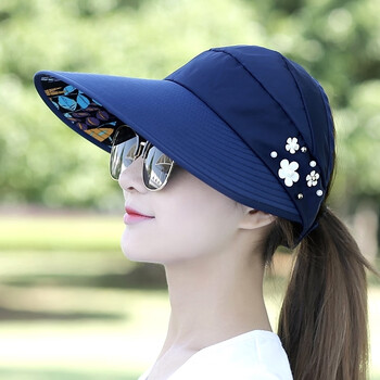 太阳帽女防晒帽子夏天骑车帽子大檐防韩版春夏可折叠遮阳帽树叶珍珠