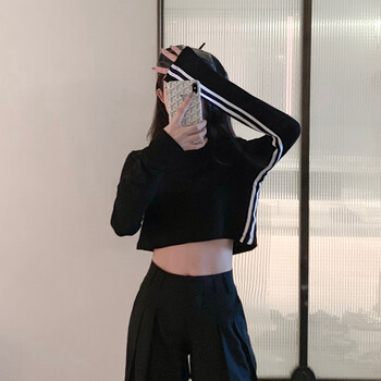 女生黑色高腰短款露脐体恤适合跳舞衣服爵士舞蹈漏肚脐秋季黑色均码