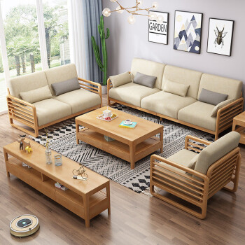 盟扬 沙发北欧实木沙发客厅家具组合小户型现代简约沙发 原木色 1 4