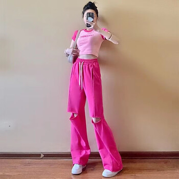 蒂淑兰夏季女生爵士舞服装女套装夏装短袖t恤街舞时尚蹈宽松粉色上衣