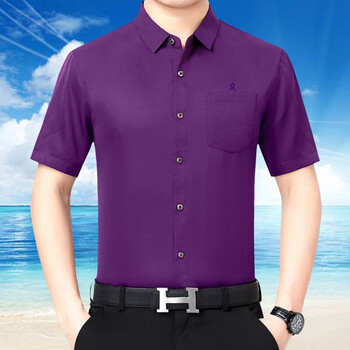 梦特娇法国桑蚕丝短袖衬衫男士中年商务职业正装免烫真丝衬衣官方 紫