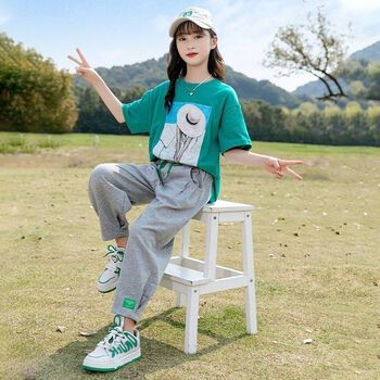 12岁以上初中学生夏天大童女装13到15岁夏款女童洋气休闲 绿色>可爱