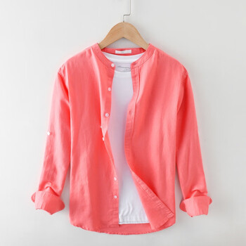 立领基础长袖棉麻衬衫男士日系休闲青年透气宽松亚麻衬衣9207西瓜红m