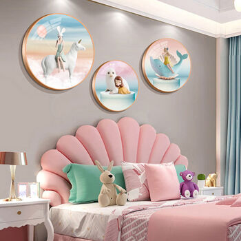 儿童房装饰画女孩卧室床头挂画圆形壁画温馨粉色少女房间装饰墙画06款