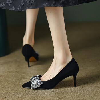 tata他她黑色高跟鞋女细跟2023新款绒面尖头气质百搭水钻法式单鞋黑色