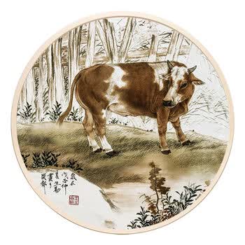 皓涛五牛图客厅玄关画沙发背景墙牛装饰画圆形办公室风水挂画a财牛