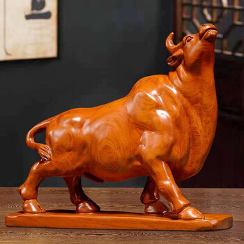 天从 花梨木雕刻牛摆件开业礼品生日礼物纯木质牛气冲天实木制黄牛