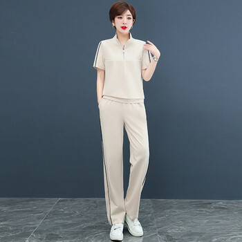 短袖套装女夏季薄款2022年新款时尚减龄中年妈妈运动服两件套浅杏色m