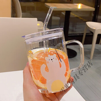 quhe耐热杯子女可爱少女玻璃杯带吸管水杯女ins风创意潮流饮料杯小熊
