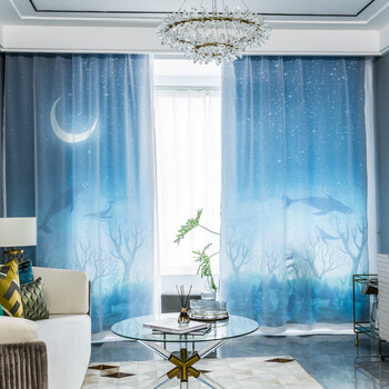 诺罗北欧简约儿童窗帘创意蓝色男孩卧室客厅遮光窗帘布隔断布纱一体飞