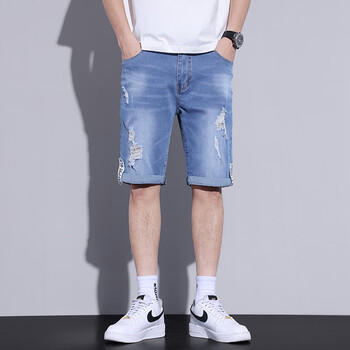 aignesa 男士牛仔短裤男宽松夏季薄款破洞裤男五分裤男生短裤夏 蓝色