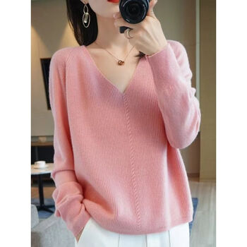 洛朵儿v领套头针织衫纯色元宝针毛衣上衣 肉驼色 均码