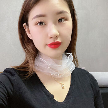 仙女糖果色网纱巾小围脖蕾丝钉珍珠脖套夏季薄款防晒护颈丝巾钉珠纯白