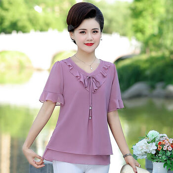 夏季迎新中年妈妈装夏装套装雪纺衫荷叶领中老年女装夏短袖上衣裤子两