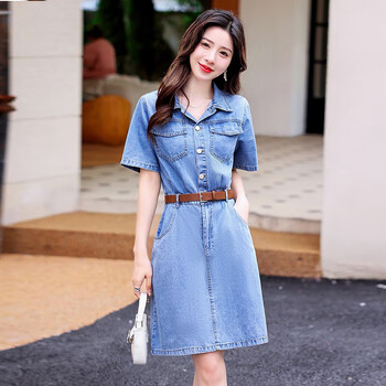 君瑞思龄牛仔裙女时尚连衣裙送腰带2023夏季修身高腰小个子休浅蓝色26