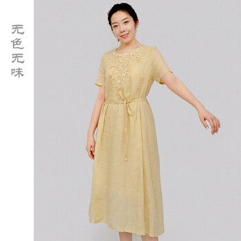 无色无味原创设计中长款刺绣宽松棉麻重工短袖春夏女装连衣裙 米色 38