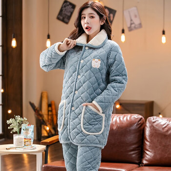 帛雷斯诺湖南省服棉睡衣女冬三层夹棉珊瑚绒加厚加绒棉袄法兰绒家居服