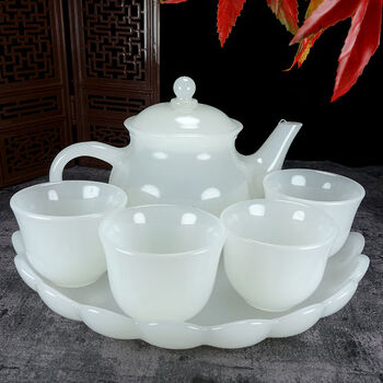 礼佳品玉石酒杯茶杯茶壶茶盘套装高端养生泡茶功夫茶具白玉1壶1盘4杯