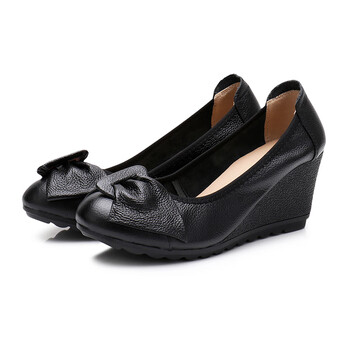 美黛遇牛筋底女船鞋真皮浅口瓢鞋女软底春秋坡跟妈妈鞋高跟皮鞋工作鞋