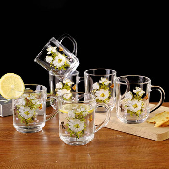 玻璃杯套装6只玻璃杯子套装家用韩印花透明无盖喝水杯牛奶杯果汁杯