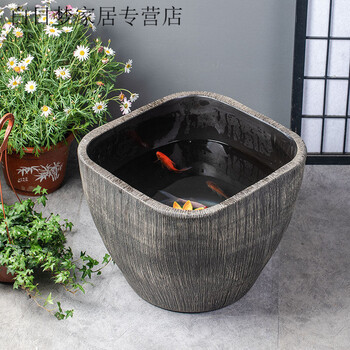 鱼缸仿石大水缸室外大型锦鲤鱼缸庭院睡莲荷花缸 方缸复古竖纹特大号