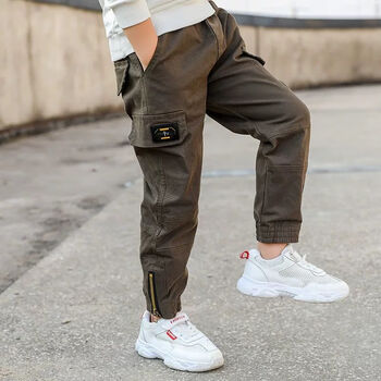 小男孩穿的中大童秋冬加厚长裤儿童秋装休闲裤子潮童 军绿工装裤春秋