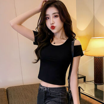 黑色短款上衣女短袖2023年新款设计感小众露肩t恤紧身高腰露脐装 黑色