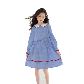 大童连衣裙2023新款初秋娃娃领条纹衬衫裙儿童长袖裙子洋气蓝色170cm