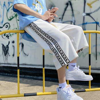 夫格休闲裤子男士直筒裤青春港风男生百搭帅气阔腿七分裤潮男裤白色m