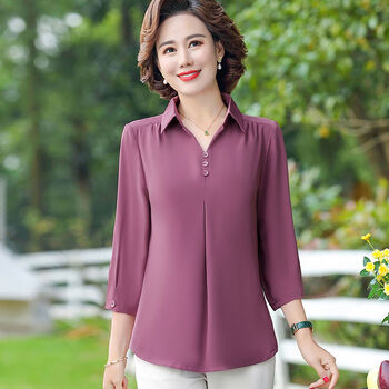 hroe妈妈夏装衬衫时尚中年洋气减龄垂感薄上衣中老年女衬衣妈妈春装上