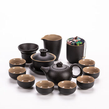 黑陶茶具套装家用禅风黑功夫茶杯粗陶陶瓷盖碗泡茶壶茶海茶道14头问鼎
