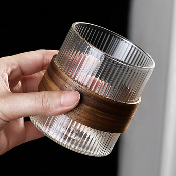 天丂茶杯玻璃杯耐高温家用冷喝茶水杯竖纹木环防烫隔热品茗杯功夫茶具