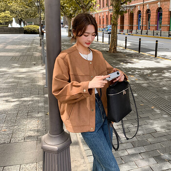 贞曼雅棕色复古美拉德穿搭外套女2023秋季新款小个子短款休闲麂皮绒