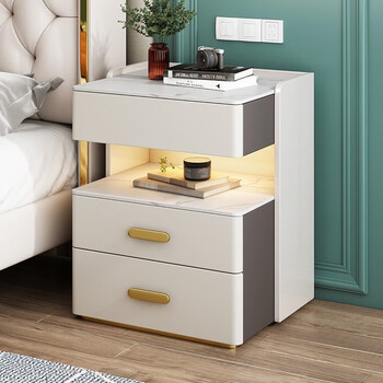 古达 智能床头柜简约现代小型卧室实木轻奢多功能无线充电指纹锁 灰白