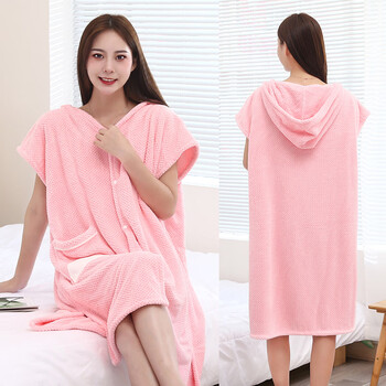 卢寇毛巾浴袍女比纯棉吸水速干冬季可穿式浴巾可裹浴衣穿戴式斗篷浴裙