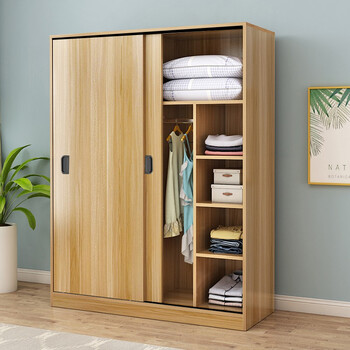 君富 木质衣柜家用简约轻奢大衣柜子卧室 推拉门衣柜 浅胡桃色 长120
