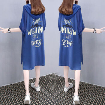 印花卫衣裙2024夏季新款连帽中长款胖mm休闲连衣裙女 xm1297雾霾蓝 s
