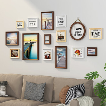 一面墙北欧风格客厅沙发后面的装饰画家庭背景墙挂画实木有框照片相框