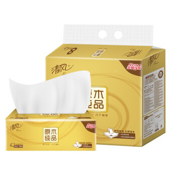 清风（APP） 抽纸  纸巾 面巾纸 原木纯品金装系列 3层120抽软抽纸巾*8包（新老包装交替发货）