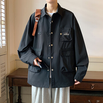 工装衬衫男士春秋季长袖宽松休闲外套大口袋情侣款上衣服石墨黑l体重