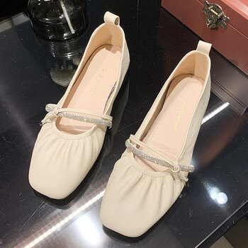 小回力家女生平底单鞋豆豆鞋女夏新款软底百搭水钻方头粗跟玛丽珍浅口