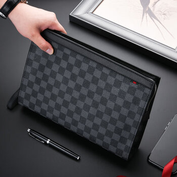 2022男士新款手拿包休闲手包大容量夹包手抓包时尚拎包男包潮黑色方格