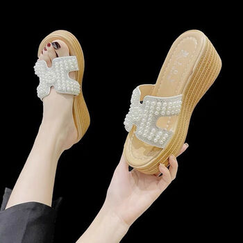 觅夕红时女搭珍珠新款拖鞋水钻夏季松糕穿一字凉拖鞋厚底定制白色35脚